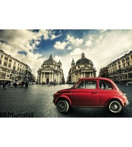 Old red vintage car italian scene in the historic center of Rome. Italy Wall Mural