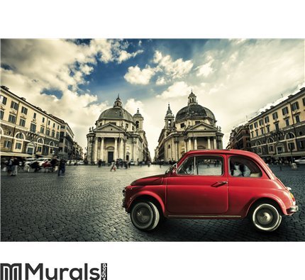 Old red vintage car italian scene in the historic center of Rome. Italy Wall Mural Wall art Wall decor