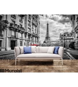 Artistic Paris, France. Eiffel Tower seen from the street with red retro limousine car. Wall Mural Wall art Wall decor