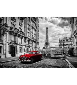 Artistic Paris France Eiffel Tower Seen Street Red Retro Limousine Car Wall Mural Wall art Wall decor