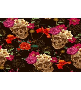 Skull and Flowers Seamless Background. Illustration, drawn. Wall Mural