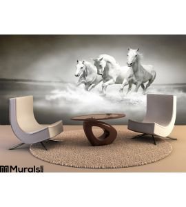 Herd White Horses Running Water Wall Mural Wall Tapestry tapestries