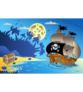 Night Seascape Pirate Ship 1 Wall Mural Wall Tapestry tapestries