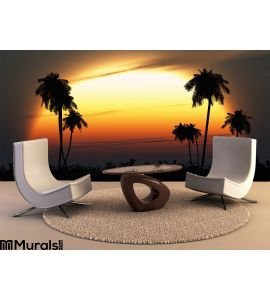 Tropical Twilight Sun Highlights Palm Silhouettes Wall Mural Wall Tapestry tapestries