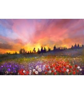 Oil painting poppy, dandelion, daisy flowers in fields Wall Mural