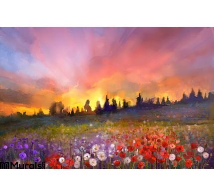 Oil painting poppy, dandelion, daisy flowers in fields Wall Mural Wall Tapestry tapestries