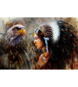 Beautiful Mystic Painting Young Indian Woman Eagle Feather Headdress Profile Portrait Abstract Background Wall Mural