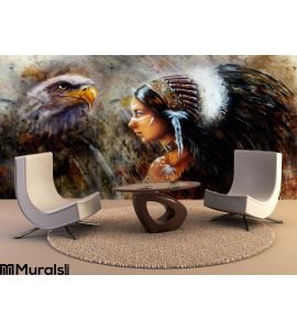 Beautiful Mystic Painting Young Indian Woman Eagle Feather Headdress Profile Portrait Abstract Background Wall Mural Wall art Wa