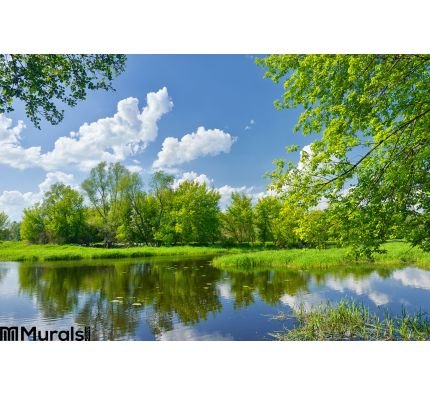 Spring Landscape River Clouds Blue Sky Green Trees Wall Mural Wall art Wall decor