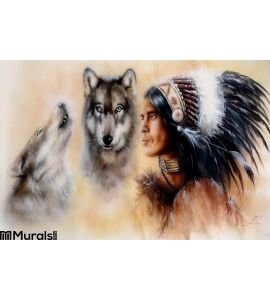 Portrait Young Courrageous Indian Warrior Pair Wolves Wall Mural Wall art Wall decor