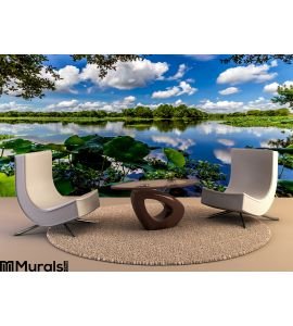 Colorful Wide Angle Shot Beautiful 40 Acre Lake Summer Yellow Lotus Lilies Blue Skies White Clouds Green Foliage Wall Mural Wall