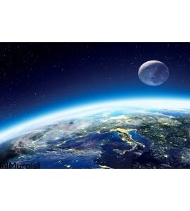Earth and moon view from space at night Wall Mural