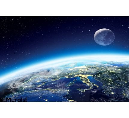 Earth and moon view from space at night Wall Mural Wall art Wall decor