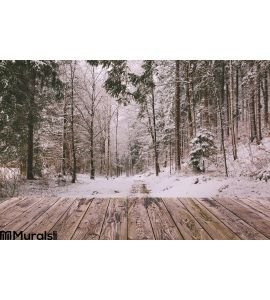 Winter Background Wooden Terrace Nature Forest Landscape Christmas Holiday Concept Wall Mural