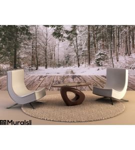 Winter Background Wooden Terrace Nature Forest Landscape Christmas Holiday Concept Wall Mural Wall art Wall decor