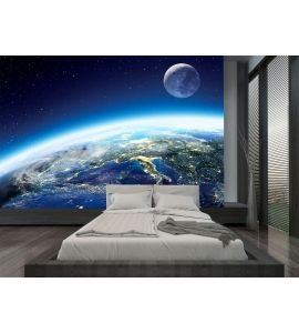 Earth and moon view from space at night Wall Mural Wall art Wall decor