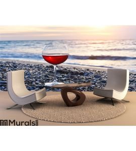 Romantic glass of wine sitting on the beach Wall Mural Wall art Wall decor