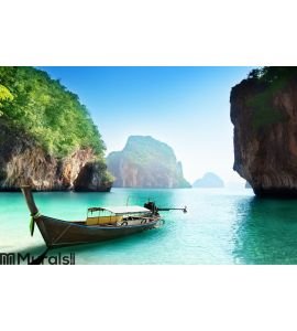 Boat on small island in Thailand Wall Mural