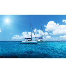 Yacht Sailing on water of ocean Wall Mural