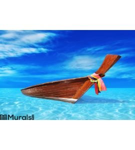 Brown wooden boat in the blue sea Wall Mural