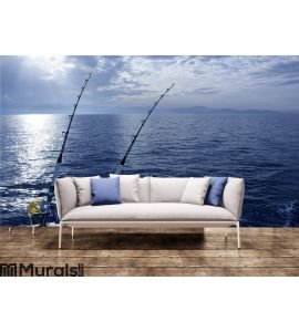 Fishing boat trolling with two rods and reels Wall Mural Wall art Wall decor
