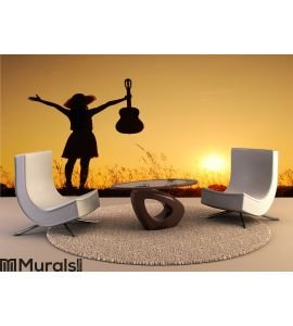 Happy woman and guitar with sunset Wall Mural Wall art Wall decor