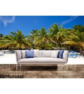 Paradise beach with palms and sunbeds Wall Mural Wall art Wall decor